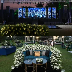 The Sangeet ceremony was a spectacle of deep blues and twinkling stars. We surrounded the couple's seating with a cascade of pristine white flowers, which contrasted beautifully with the dramatic hues of the decor.