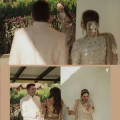 A collage capturing a bride's playful first look with her groom and another with her bridesmaid. These images are full of smiles, laughter, and the joyful spirit of the day.