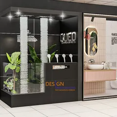 For this QUEO showroom, we designed distinct display pods to showcase different bathroom concepts. This vignette features a minimalist vanity and shower setup next to a dramatic water feature, demonstrating the brand's blend of style and innovation.