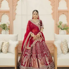 A full portrait of Janvi's royal bridal look. The rich velvet, intricate embroidery, and our soft glam makeup created a vision of classic beauty.