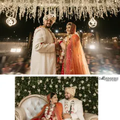 Two portraits of a newly married couple, one on stage under a stunning floral ceiling and another seated, sharing a quiet look. These shots capture both the grand scale and the intimate feel of the wedding.