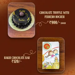 My Rakhi specials include this rich Chocolate Truffle with Ferrero Rocher cake and a custom Rakhi chocolate bar. It's the perfect way to say "Happy Rakhi" to your sibling.