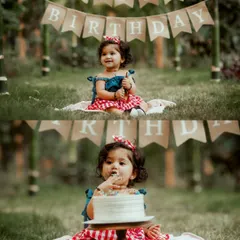 A before-and-after cake smash collage. It shows the sweet anticipation and the messy, fun-filled result of her first birthday cake experience.