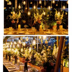 Another perspective on the elegant table setting, showcasing the interplay of light from the hanging bulbs with the fresh floral centerpieces. Every element is carefully chosen to enhance the overall aesthetic.