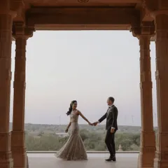 A classic, elegant pose within the pillared corridors of Suryagarh, Jaisalmer. The couple holds hands, their formal attire contrasting beautifully with the ancient stone and the expansive desert landscape visible beyond.