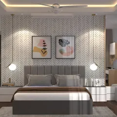 This is a design render for a master bedroom at Piramal Vaikunth, Thane, showcasing a calm and sophisticated retreat. The design features a textured herringbone accent wall, a plush grey upholstered bed, and delicate pendant lights that provide warm, ambient lighting.