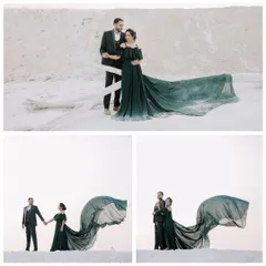 For couples wanting a dramatic and high-fashion feel, I use elements like flowing gowns to create stunning visuals. Here, the contrast between the deep green dress and the stark white landscape of my studio set results in a powerful, cinematic pre-wedding portrait.