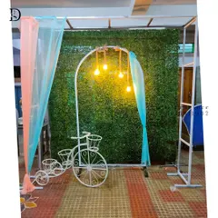This is a simple and versatile setup that can be used for small parties or as a photo booth. It features a green wall backdrop, a decorative bicycle prop, and hanging Edison bulbs for a rustic-chic vibe.