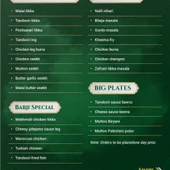 A look at our Tandoori Starters, Babji Specials, Main Courses, and Big Plates. You can see the wide variety we offer, from Malai Tikka to our pre-order special, Tandoori Sauce Bawra.