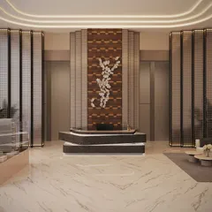 Another lobby concept, this design uses intricate wooden screens and a floral art installation to create a softer, more organic feel. The space is designed to be both luxurious and calming for visitors.