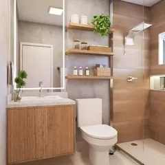 A compact bathroom design that feels open and airy. It features a floating vanity, a glass shower partition, and open wooden shelves, which provide storage without visually cluttering the space.