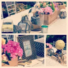 Detail shots from the travel-themed baby shower. Vintage cameras, globes, and maps were used as decor to celebrate the new journey of parenthood.