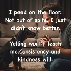 Accidents happen, especially with puppies. I didn't pee on the floor to make you angry; I just didn't know better or couldn't hold it. Yelling won't teach me. A consistent potty schedule, patience, and kindness will.