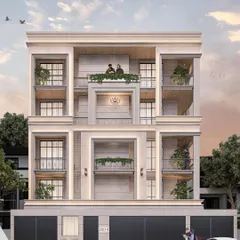 A frontal view of the East Punjabi Bagh project, emphasizing its balanced and symmetrical composition. The design layers classical elements with modern clean lines for a fresh yet timeless look.