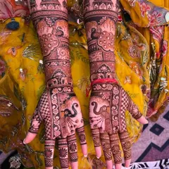 This Jaipuri-style bridal mehndi features classic Rajasthani elements like elephants, peacocks, and architectural domes. The rich color and full coverage are perfect for a traditional wedding.