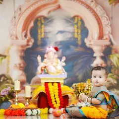A wide shot of the entire Ganpati setup, showing the grand backdrop and all the festive elements that make these sessions so special.