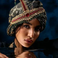 A creative jewellery shot using water for reflections. This image for a men's turban and jewellery line uses dramatic lighting to create a moody and luxurious feel.