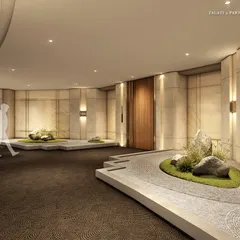 The corridors at Palais Royale are designed as moments of pause and tranquility. Here, a zen garden with carefully placed rocks and raked sand creates a serene focal point, reflecting our commitment to integrating wellness and mindful restoration into our designs.