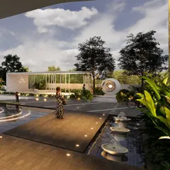 This render showcases the RRBC project, a luxurious entrance plaza designed to create a grand first impression. A floating walkway over a reflective water body leads to a sleek outdoor pavilion, creating a resort-like atmosphere.