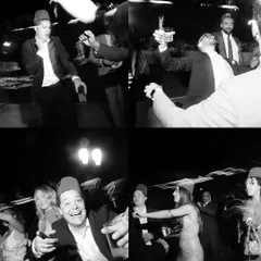 A fun black and white collage from a themed party, with guests wearing fez hats, dancing, and enjoying the lively atmosphere.