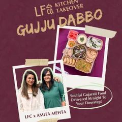 I'm so excited to announce a kitchen takeover with my mom, Amita Mehta, for our special Gujju Dabbo. This graphic celebrates bringing her soulful, homemade Gujarati food straight to your doorstep.