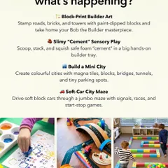 What's happening this weekend? A peek at our builder-themed event, featuring block-print art, slimy "cement" sensory play, and a soft-car city maze.