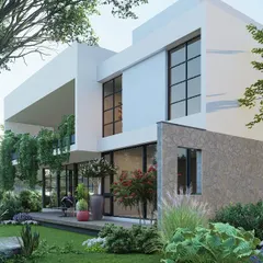 A render of a proposed residence in Hyderabad, designed as a series of interconnected white volumes surrounded by lush vegetation. The design emphasizes transparency and a connection to the garden, with large glass walls and open terraces.