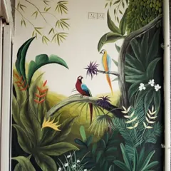 A vibrant tropical jungle scene painted in a balcony space. I used rich greens and bright colors for the birds and flowers to create a deep, immersive feeling of being in a rainforest.