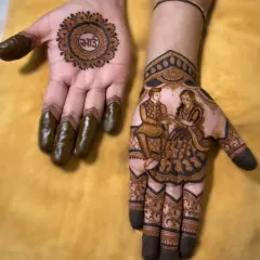 A special design for Raksha Bandhan, with a portrait on one hand and a "Bhai" mandala on the other.
