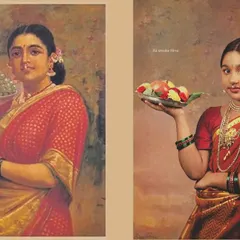 Another stunning recreation from my Raja Ravi Varma series, this time featuring "Woman Holding a Fruit." The attention to detail in the saree and expression brings the painting to life.