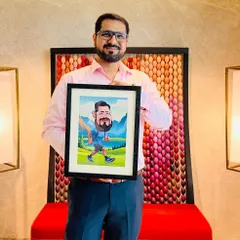 A happy client holding his framed digital caricature. I provide high-quality prints and framing, so your artwork is ready to be displayed and enjoyed.