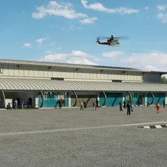 A conceptual rendering showing the heliport terminal alongside the air traffic control tower. This view highlights the functional relationship between key operational areas, ensuring seamless coordination for aviation activities.