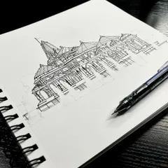 The first step in my Ram Mandir drawing: a clean line art sketch using a pen. This is the foundation for any detailed architectural piece.