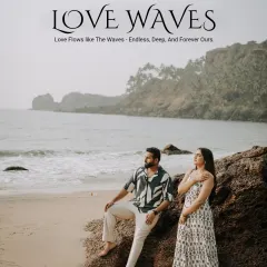 A serene portrait of a couple on a Goan beach, with gentle waves in the background, capturing a feeling of endless love.