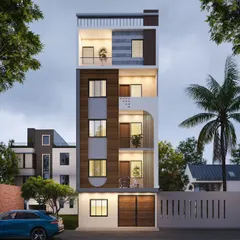 The same West Delhi residential building visualized at night. This render demonstrates how integrated profile lights and interior lighting can transform the facade, adding warmth and highlighting key architectural details.