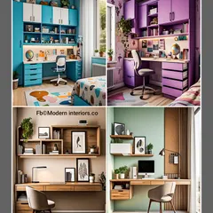 Creative study unit design ideas for every style. This collage shows a range of options, from vibrant and playful setups for kids to sophisticated and modern designs for a home office.