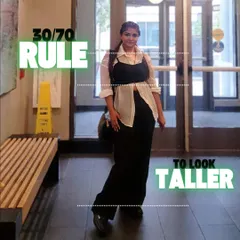 An image demonstrating the 30-70 rule to look taller, a key principle I teach for creating a balanced, elongated silhouette.