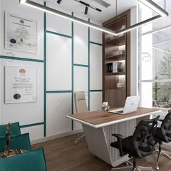 Another view of the director's cabin, showcasing the ample natural light and clean design. The minimalist desk, ergonomic chairs, and built-in shelving create a professional and inspiring leadership space.