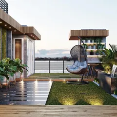 This visualization of a terrace garden showcases a mix of materials, including wooden decking, artificial grass, and polished stone tiles, along with a swing for relaxation.