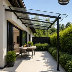 A minimalist glass canopy providing a sheltered outdoor dining space. The simple, elegant design offers protection from the elements without obstructing the view of the surrounding garden.