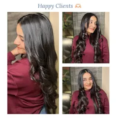 A collage showing a happy client with her new haircut. We gave her long, flowing layers and styled them into beautiful, bouncy curls.