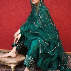 A direct and poised look, showcasing the full ensemble. The lighting is carefully controlled to bring out the sheen of the silk and the details of the embroidery against the bold red wall.
