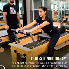One sign you're a Pilates addict: it's your go-to therapy for stress relief and reconnecting with your body. This client is finding her focus on the reformer.
