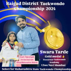 Another gold medalist, Swara Tarde, after her win at the Raigad District Taekwondo Championship 2024. Her performance has earned her a spot in the state championship.