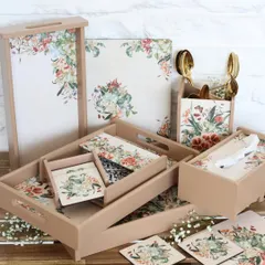 Our floral collection, featuring a beautiful assortment of matching trays, coasters, placemats, and holders. The soft, neutral tones and delicate floral print bring a timeless elegance to any space.