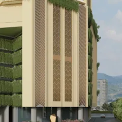 Another detail of the Mulund facade, showing the interplay between the patterned screens, vertical louvers, and cascading vertical gardens. This approach creates a rich, layered aesthetic that is both modern and connected to nature.