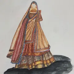 This sketch shows a traditional bridal lehenga, complete with a dupatta. Illustrating the complete look helps in planning the fabrics, colors, and embroidery placement.