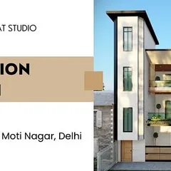 A graphic showcasing the Moti Nagar residence elevation design. This view highlights the clean lines, contrasting materials, and the integration of outdoor balcony spaces on each floor.