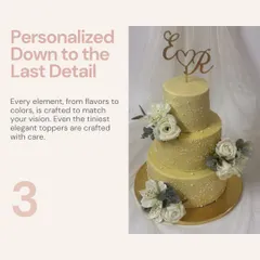 Personalization is in every detail. This graphic highlights a three-tier wedding cake where every element, from the chocolate-blueberry flavor to the custom initial topper, was crafted to match the couple's vision.