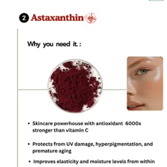 Healthy skin starts from within, and supplements can play a key role. Astaxanthin is a skincare powerhouse, an antioxidant 6000x stronger than vitamin C that protects from UV damage and improves elasticity.